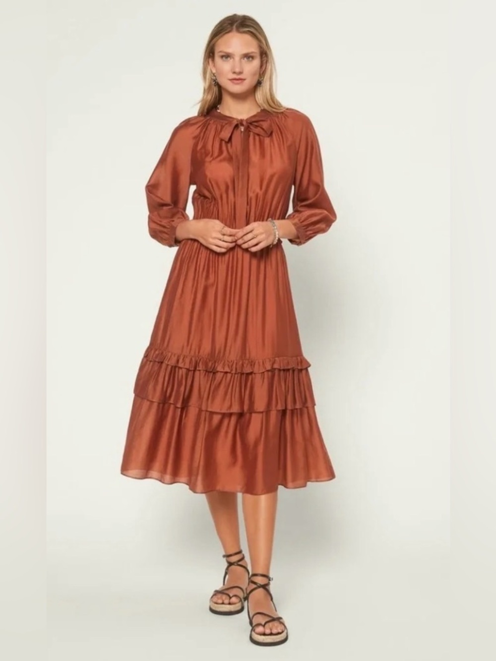 Current Air Cognac Brown Ruffle Trim Midi Dress S